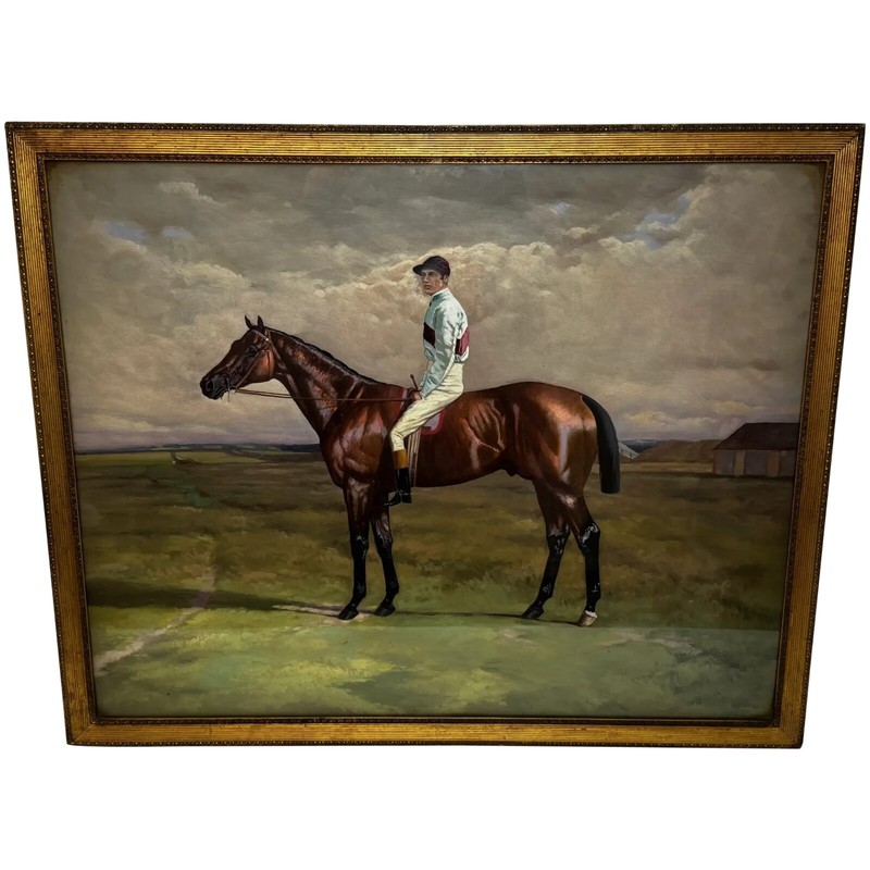 🏇19th Century Oil Painting Derby Winner Horse Melton & Jockey Fred Archer Up