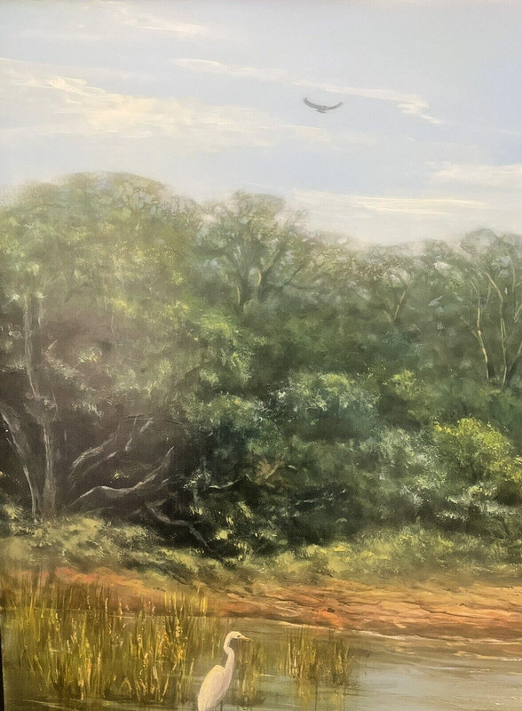 Dorothy Kucera, Texas Artist - Oil Painting - Buck and Egret at Lakeshore gallery