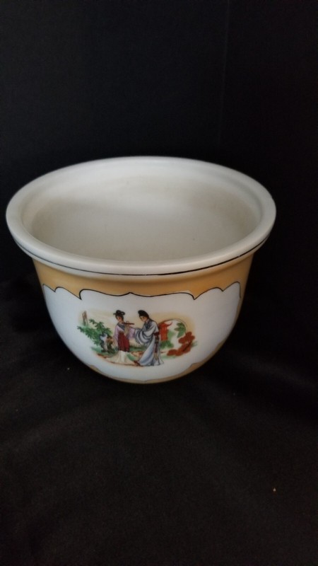 Asian Ceramic Planter, Orange Lustre Cachepot. Painted on Side with Calligraphy. gallery