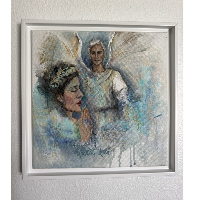 Modern Angel Portrait Original Painting, Framed on Canvas, Inspirational Art