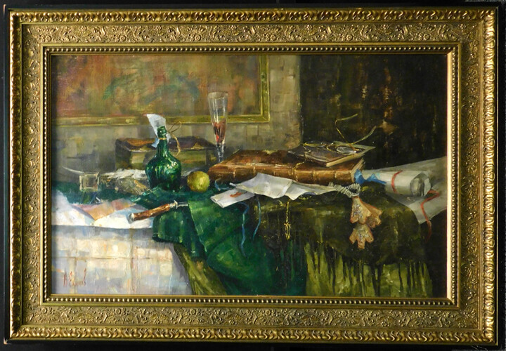 Vladimir Ekimov»Still Like with Glass of Wine and Book»Original Oil Hand Signed