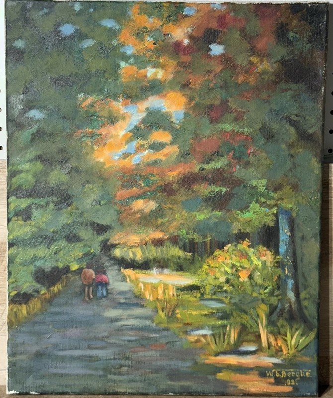 1920s W.S Berghe European Impressionist Oil On Canvas Walk Through Park Signed