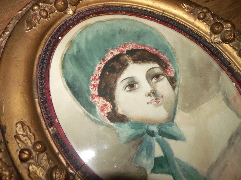 Antique ca 1880's Primitive Americana Watercolor Portrait Folk Art Blue Bonnet gallery