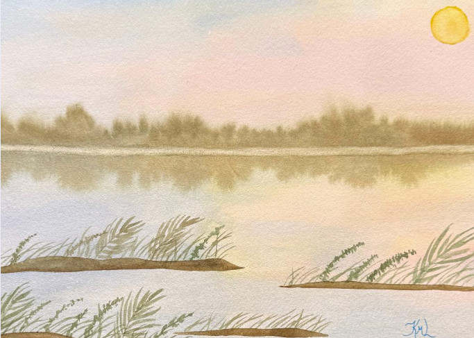 PAINTING WATERCOLOR SUNSET MARSH SEASCAPE BLUE GREEN 11X14 AND DOUBLE MAT 16X20