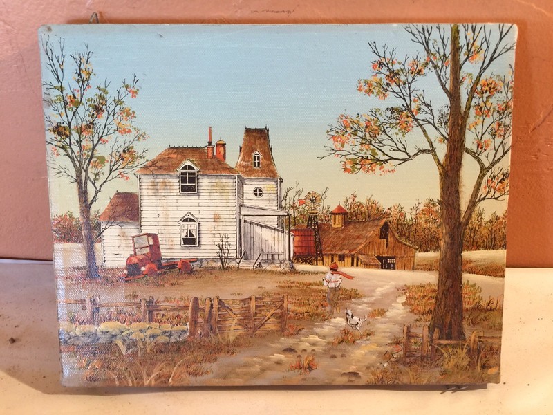 8×10 OLD FARM W/RED TRACTOR Painting On Canvas.R.Smith