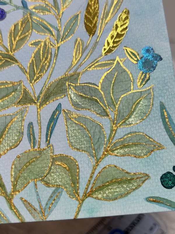 Watercolor Painting Botanical Flowers Leaves Floral Art Shimmer Gold Berries gallery