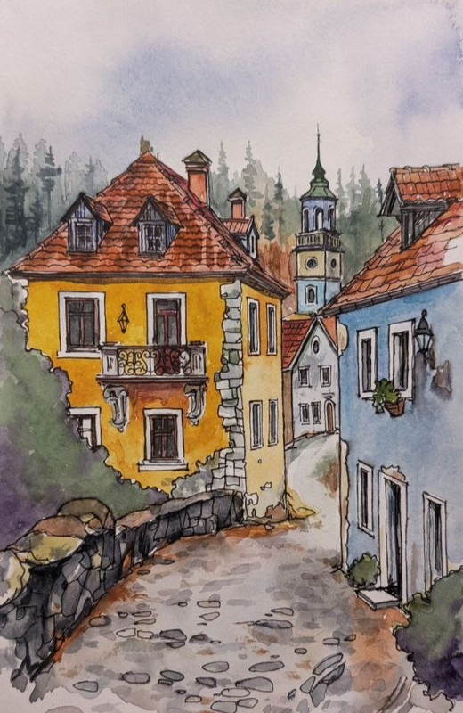 Сityscape Watercolor Original Painting European Architecture Old Town Artwork