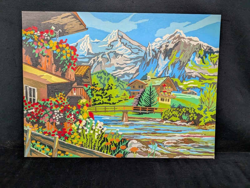 Paint By Number Mountain Chalet Swiss Alps Scene Landscape River Mountains 16×12