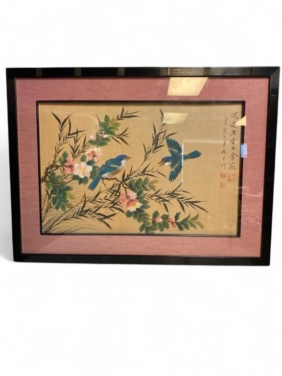 Nice Vintage Signed watercolor on silk paper bird on branch frame 21" x 15 1/2"