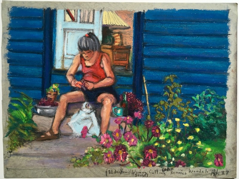 Woman Cutting Flowers Floral Garden Original Oil Pastel Painting Drawing Signed