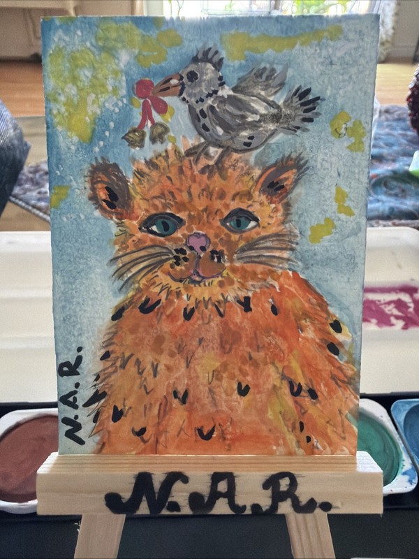 ACEO Original Art cute Cat Bird Bells Miniature painting By N.A.R.