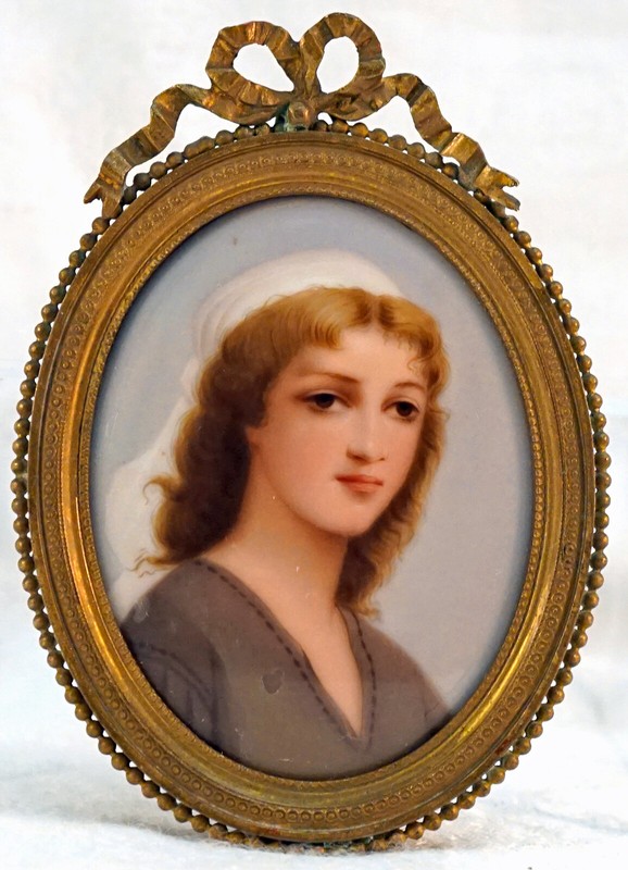 FRENCH SCHOOL MINIATURE OIL ON PORCELAIN Portrait Young Woman with Head Scarf