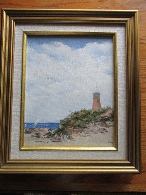 Signed and Framed Vintage Lighthouse Seascape Oil Painting 11 3/4″ by 13 3/4″