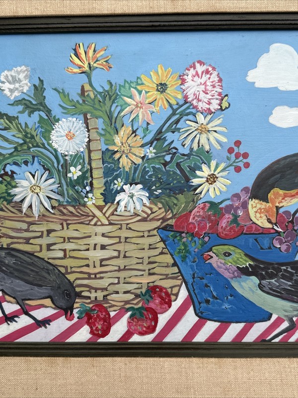 JANICE LAVOOS PAINTING CALIFORNIA MODERNIST ILLUSTRATOR LISTED BIRD FLORAL 14" gallery