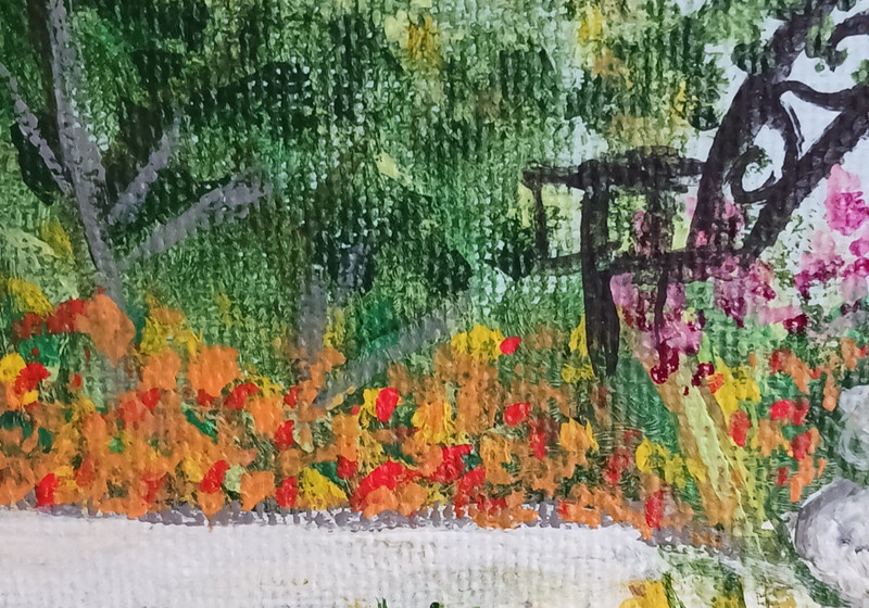Vintage Oil Painting Waterlily pond statue and garden gate canvas signed framed gallery
