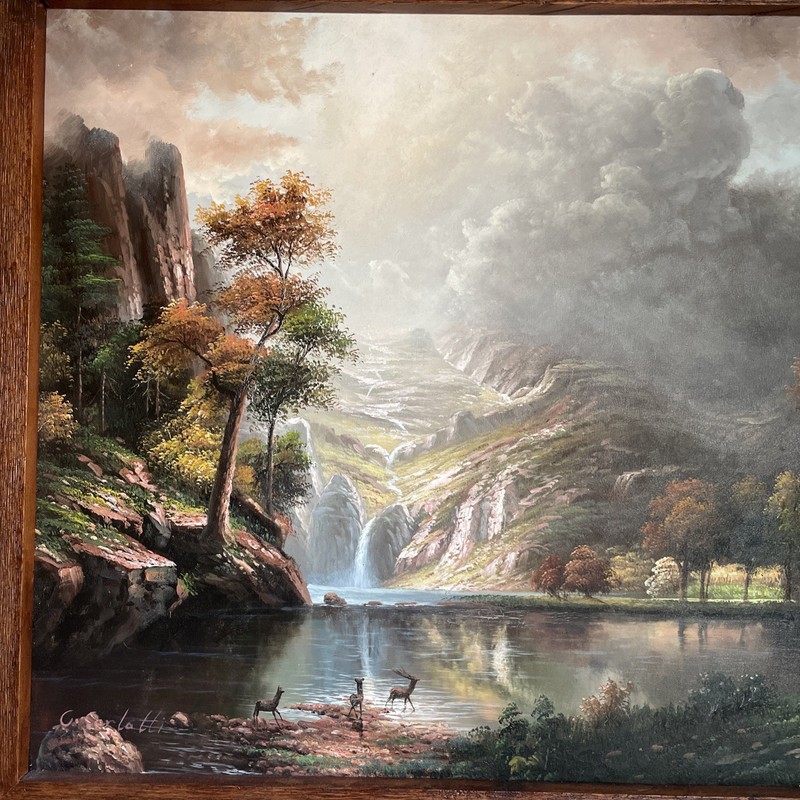 C.Cerlatti Original Oil Painting Deers Mountain Waterfall Landscape Framed 41x28 gallery