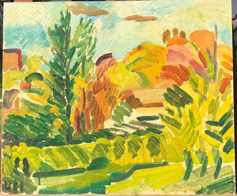 Landscape with Houses Impressionist Oil Painting-17" x 20"-1980s-I.L. Winarsky gallery