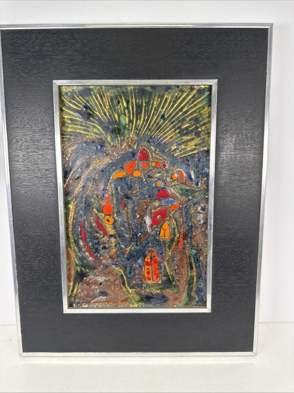 Mid Century Fired Enamel Framed Tile, Designer Buzas Arpad, Hungarian