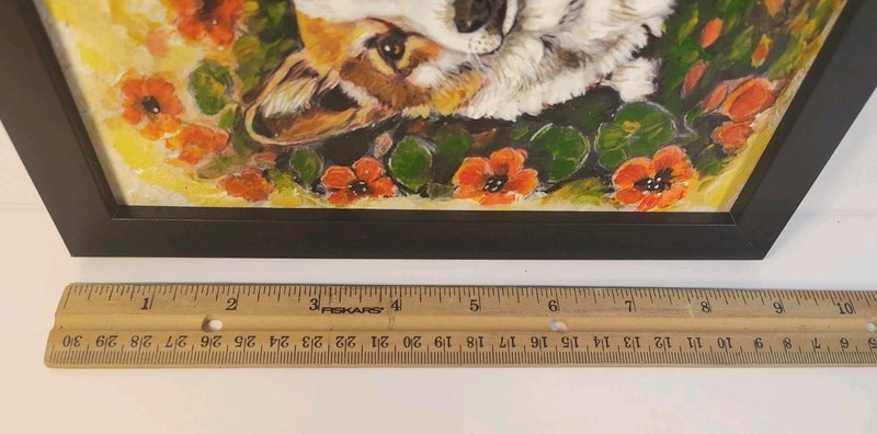 Original Painting of a Corgi Dog sitting among Orange Flowers 9" x 9" Framed gallery