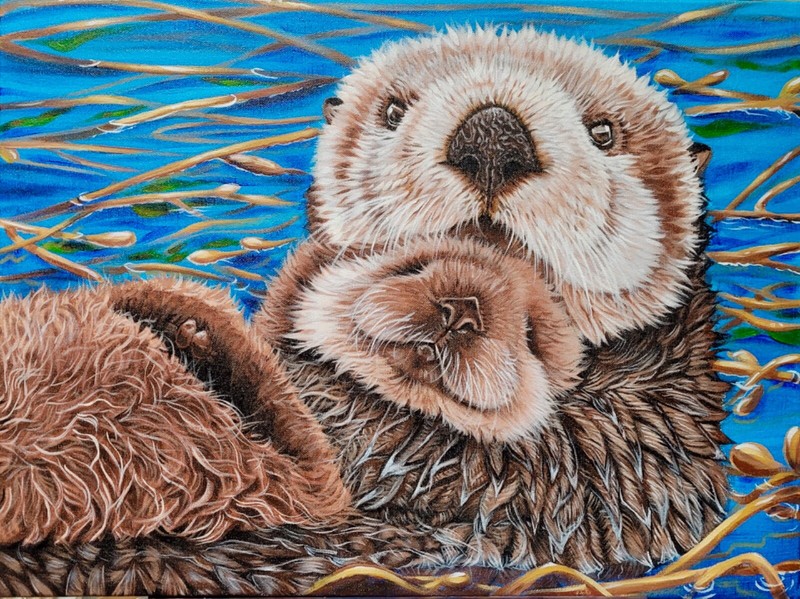 SEA OTTER AND BABY Original painting on canvas OOAK 🦦❤️