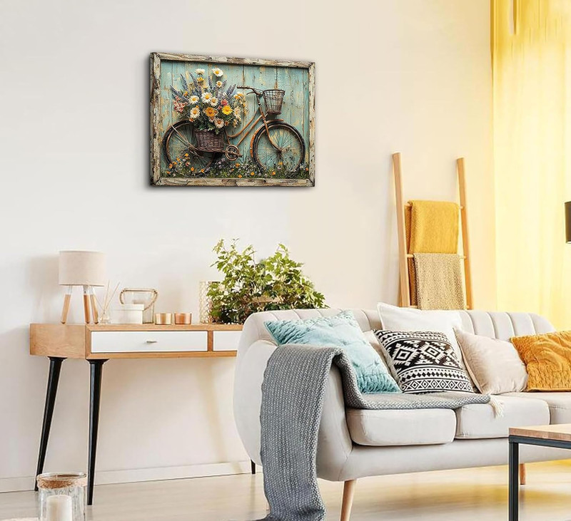 Rustic Floral Canvas Art with Vintage Bicycle for Home Decor gallery