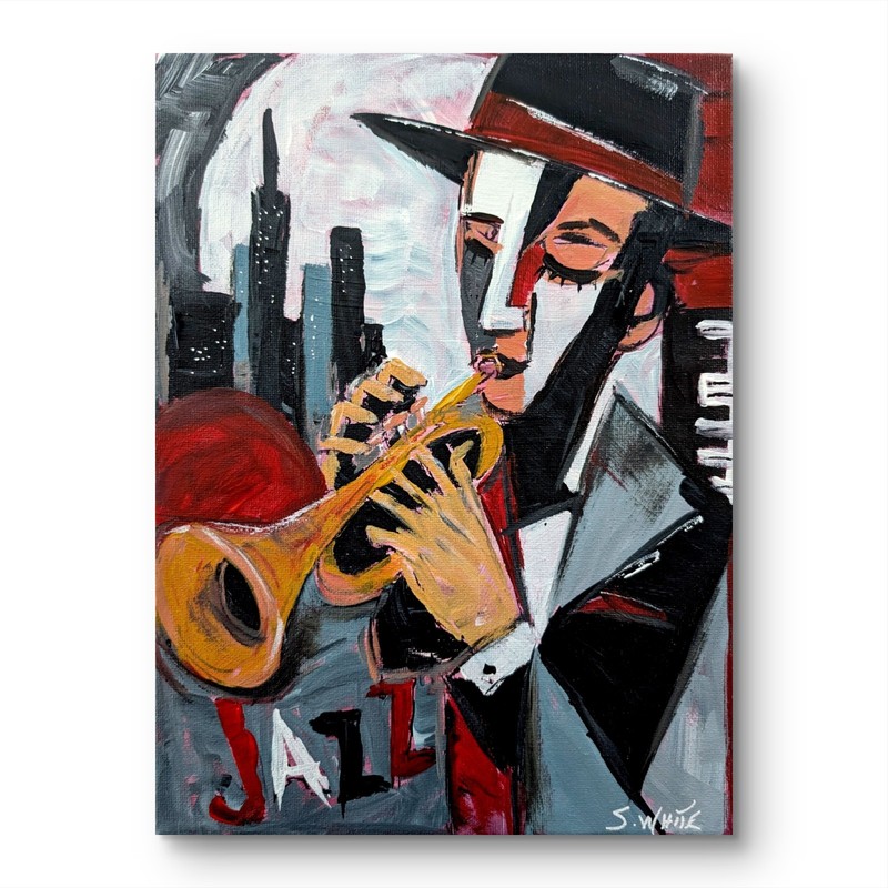 Jazz Player Original Painting 9x12 Canvas Cubism Musician City Night Moon SWhite gallery