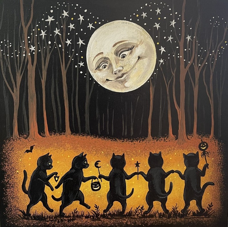 4×4 PRINT OF PAINTING RYTA FOLK HALLOWEEN BLACK CAT WITCH VINTAGE STYLE art moon