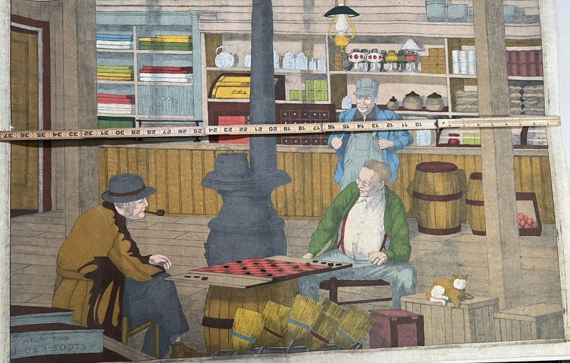 Men in Storeroom Playing Checkers, Vintage Illustrastion Painting On Felt Canvas gallery
