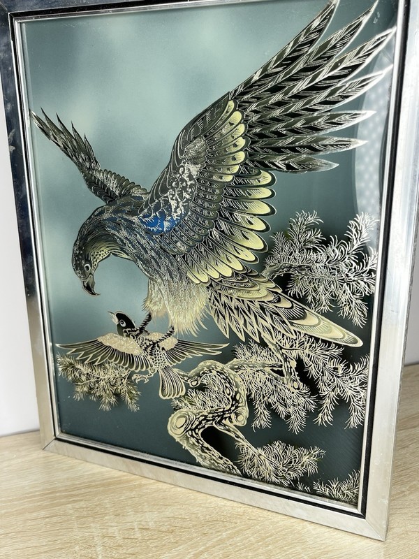 Vintage Korean Etched Glass Art Eagle & Small Bird Scene 15x11.5 Framed Mirror gallery