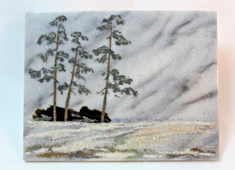 Vtg Pine Trees and Water Mineral Stone Painting on Marble Folk Art Northwest ? gallery