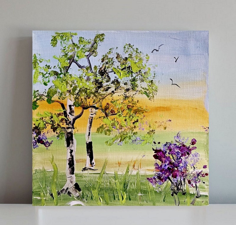 Original Art landscape Oil Painting Birches Impressionism Painting 8х8 in
