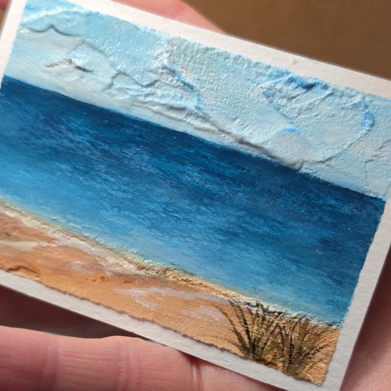 Original Miniature Acrylic Painting Beach Seascape Sky Bird Signed Paper gallery