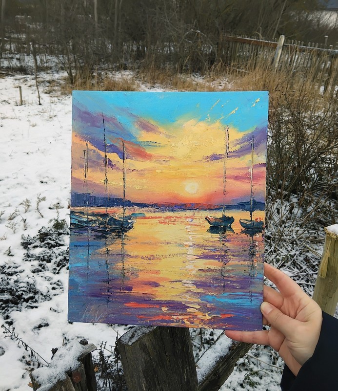 Seascape sunset oil painting 10x12" handmade orange blue sky sailboats Reflect gallery
