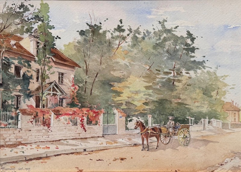 Antique French Watercolor Painting Woman Child Horse Saint-Germain Signed 1907