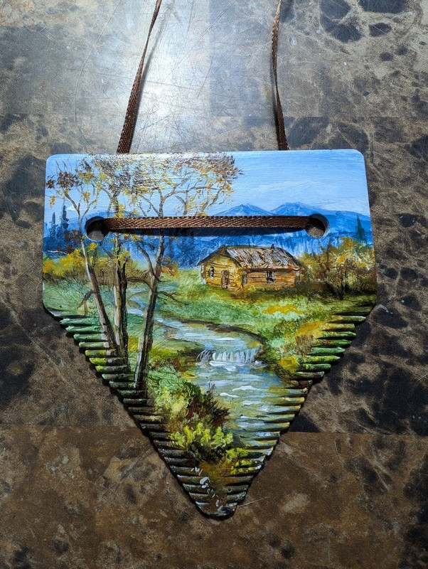 Hand Painted Farm Art Craft Vintage Machinery Sickle Metal 3in Landscape Signed gallery