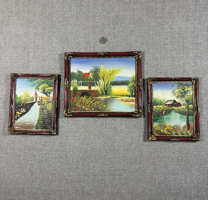 Set of 3 Framed Impressionist Landscape Paintings Bridge Farmhouse