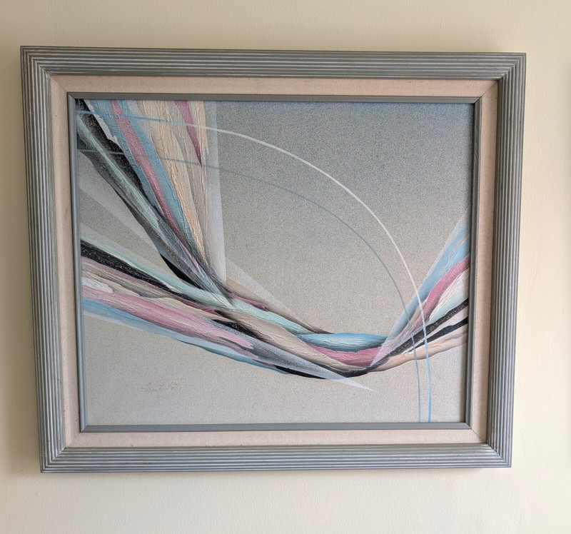 Ultimate 1980s Abstract Painting in Pastels and Gold Glitter Framed 29″ Wide 25