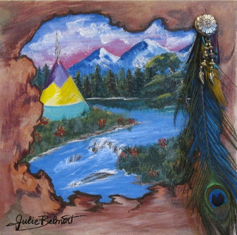 Indigenous Fantasy Camping Ground 12″x12″ Original Mix Medium Julie Belmont