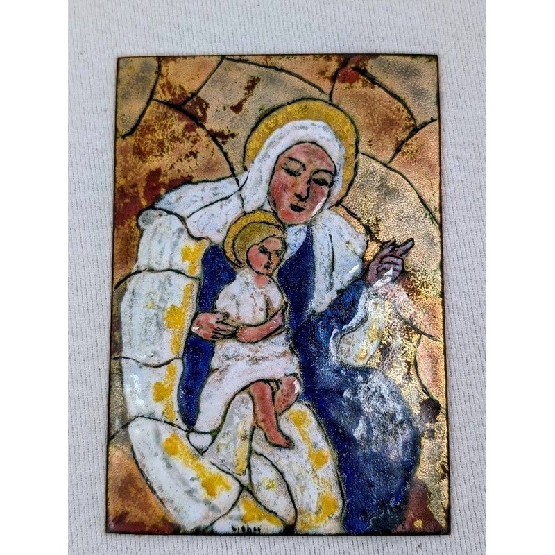 Miniature Enamel on Copper Jesus Virgin Mary Painting 5.5×3.5″ Signed Original