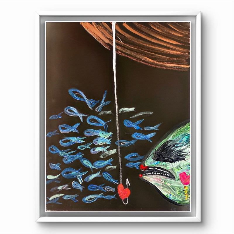 BLESSED#1567 Deep Black Fish Heart Dual 16×20 Original Canvas Abstract Art
