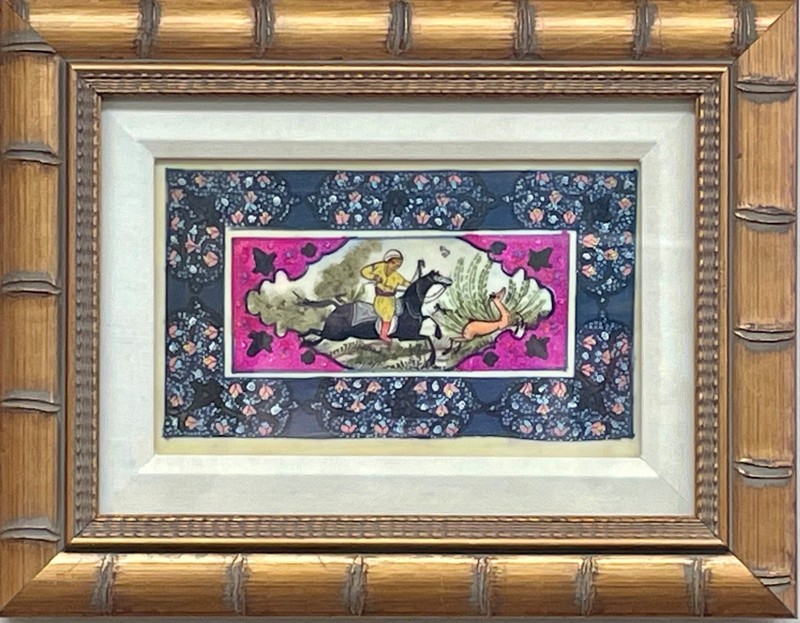 «The Bowman» Hand Painted Vintage Persian Miniature Framed Art Hunting Scene