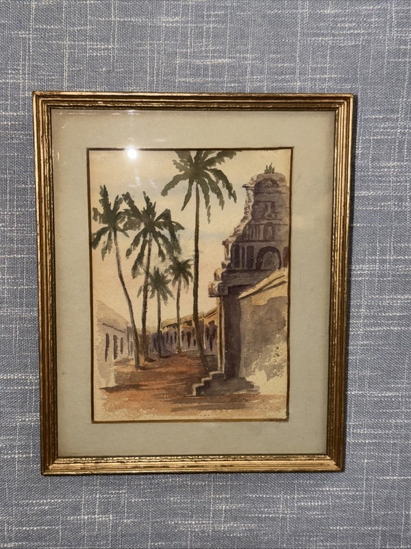 Original Art Watercolor Painting India Hindu Temple Scene Palm Tree Lined Street