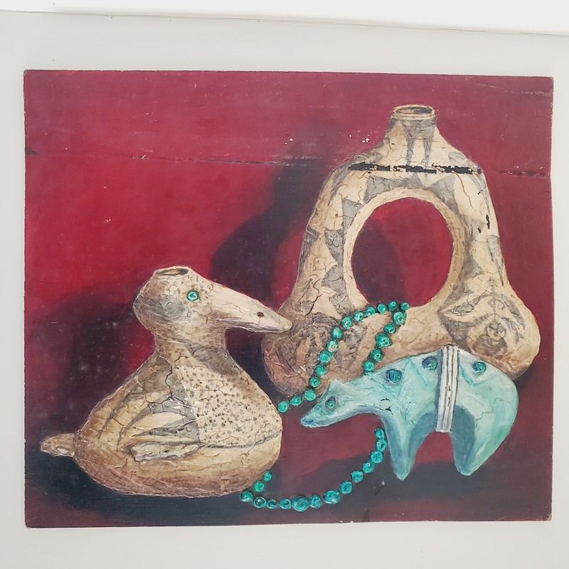 T Lewis Painting Southwestern Native Pottery Bear Fetish 1994 ORIGINAL 3D Mixed