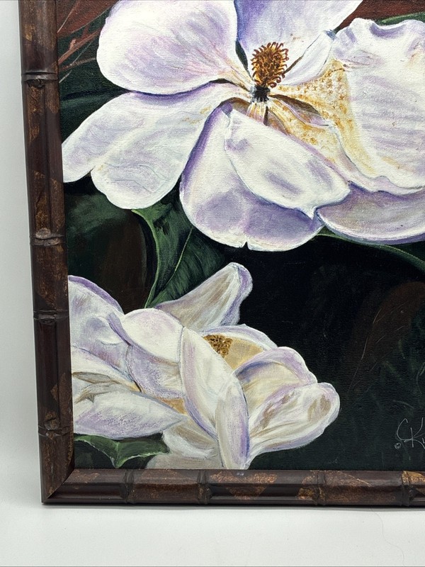 2001 Signed Framed Original Acrylic Faux Bamboo Painting Magnolia Flower Decor gallery