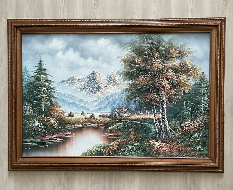 VTG Original 3D Oil Painting Mountain Landscape Signed Charlotte 29×41