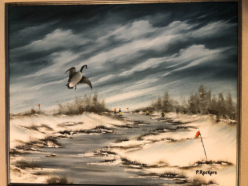 Vintage oil on canvas winter river scene Canadian goose signed P Reckers framed gallery