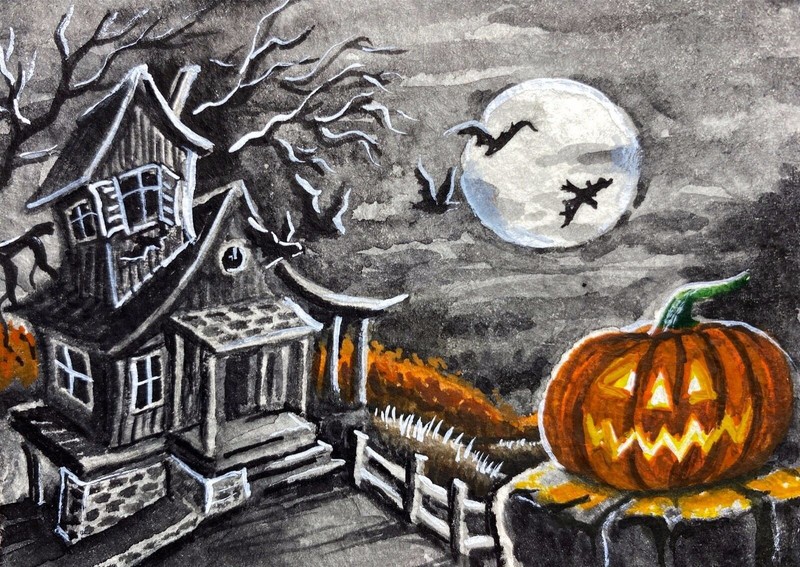 Watercolor Painting Jack o lantern Pumpkin Halloween Haunted House ACEO Art ^