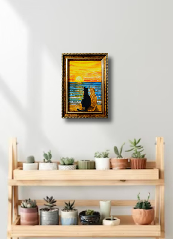 ORIGINAL Oil Painting Cats Landscape Miniature Contemporary Wall art Animal Pet gallery