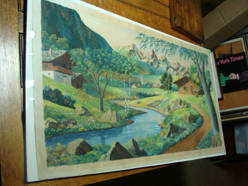 original painting 21 x 39 inches mountain cabin town FLEISCHMANN