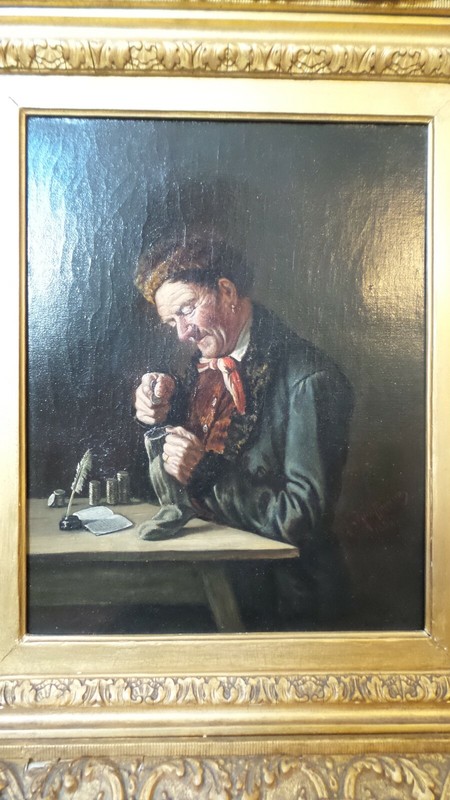Antique 1886 German MAX KAUFMANN Oil on Canvas Painting Money Counting Merchant gallery